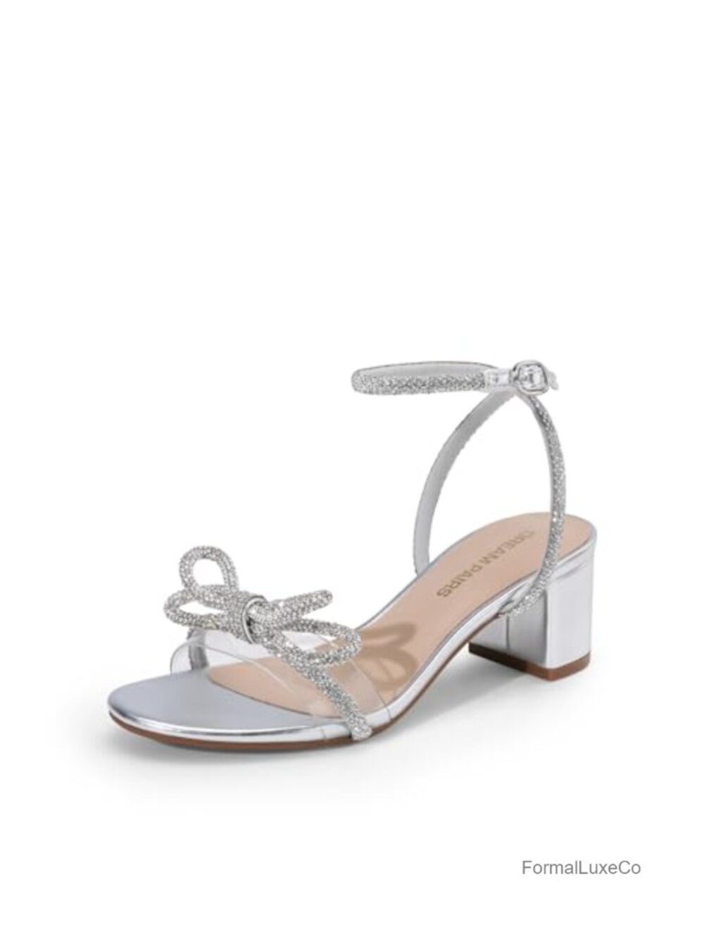 Rhinestone Double Bow Chunky Heeled Sandals with Ankle Strap